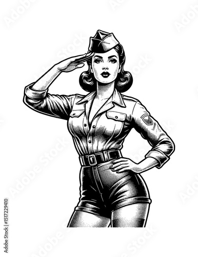Vintage Pinup Woman in Military Uniform Saluting in Detailed Black and White Illustration