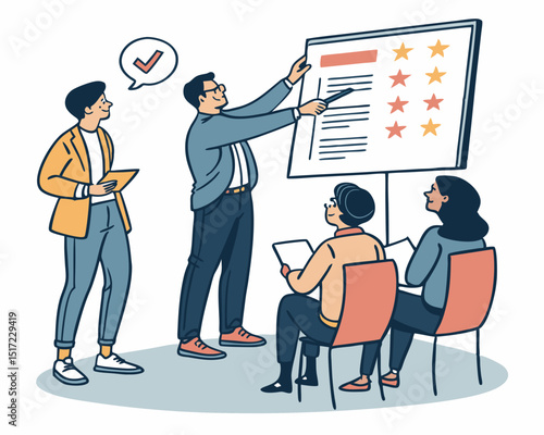 Create a bold vector illustration of a manager providing constructive feedback to an employee.  Focus on strong linework and impactful design.