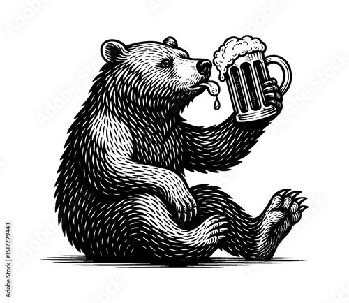Bear Sitting and Holding a Mug of Beer with Froth in Engraved Black and White Illustration