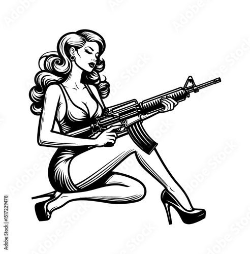 Seductive Caucasian Pinup Woman Holding Rifle in Black and White Illustration Style