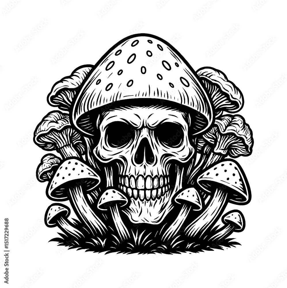 Fototapeta premium Skull with Mushroom Hat Surrounded by Fungi in Black and White Engraving Style Illustration