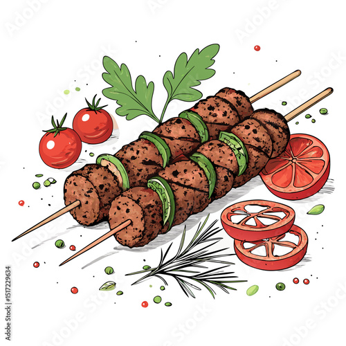 Create a bold, vector illustration of a single juicy meat kofta kebab on a skewer.  High contrast, clean lines.