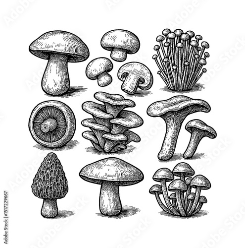 Collection of Various Mushroom Types Hand Drawn in Detailed Engraving Style