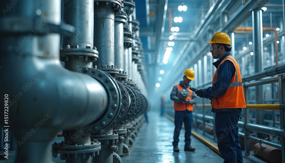 Fototapeta premium Engineers perform maintenance on robust steel valves in chemical plant. Workers wear safety gear, helmets. Industrial environment with metallic pipes. Teamwork, inspection, checking equipment. Energy