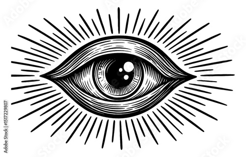 Eye with Rays Engraving Style Black and White Detailed Line Art Illustration, Isolated
