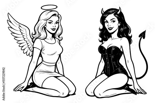 Angel and Devil Pinup Girls Kneeling Side by Side in Black and White Illustration