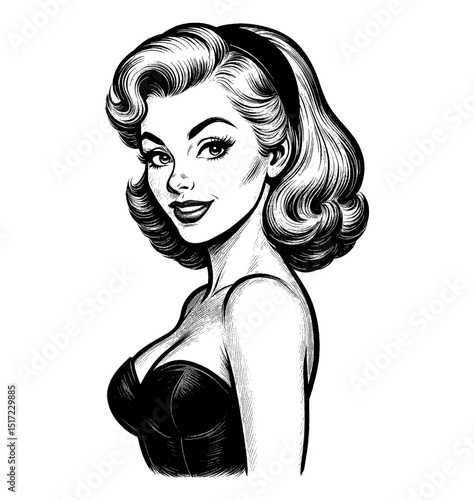 Portrait of a beautiful pinup woman with retro hairstyle smiling in black and white drawing