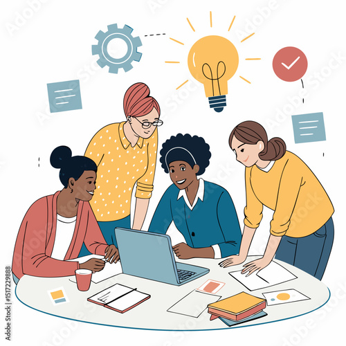 Create a bold, vector illustration of a diverse multicultural team collaborating, showcasing various ethnicities and clothing styles.