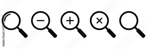 Magnifying Glass and Search Icon Set with Check Mark and Zoom Symbols – Vector Illustration