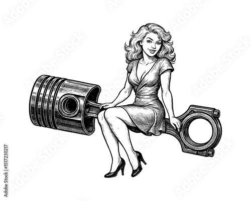 Pinup Woman Sitting on Engine Piston Smiling in Dress and High Heels Black and White Detailed Drawing