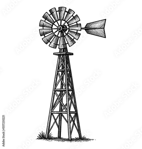 Vintage Windmill Illustration in Detailed Black and White Engraved Style on White Background