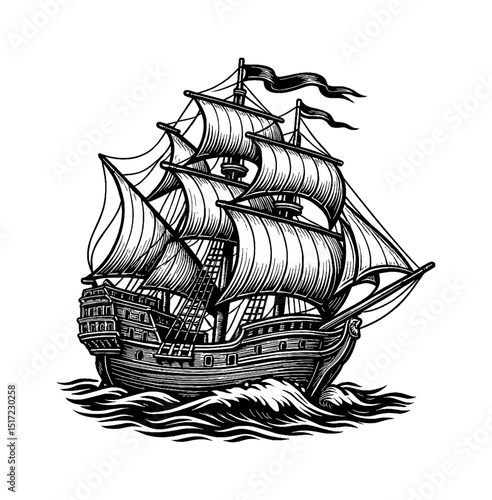 Vintage Detailed Engraving of Sailing Ship on the Sea with Wavy Flag in Black and White