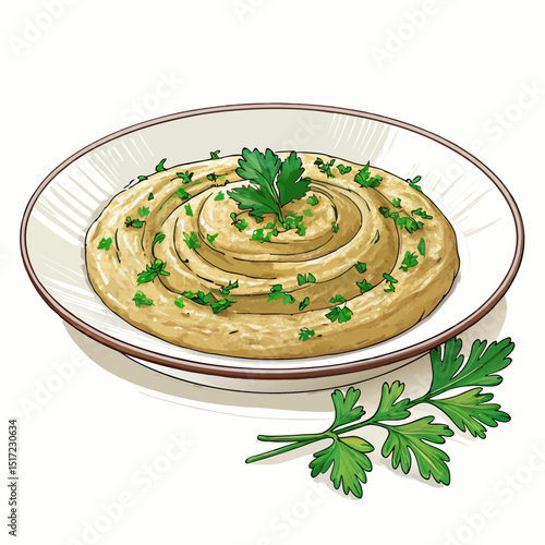 Create a bold, vector illustration of an open plate displaying a portion of delicious Baba Ghanoush.  Show texture and depth.