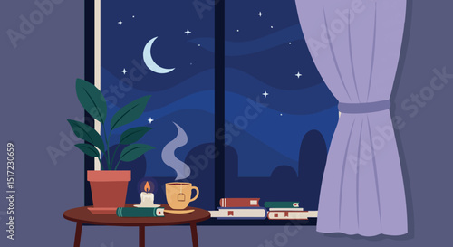 Nighttime cozy room with steaming cup candle plant books and starry sky window scene 