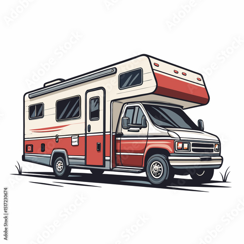 Create a bold, vector illustration of a vintage RV or camper van with thick black strokes, emphasizing its retro design.