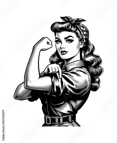 Pinup Woman Showing Bicep Muscle with Determined Expression in Vintage Detailed Black and White Line Art