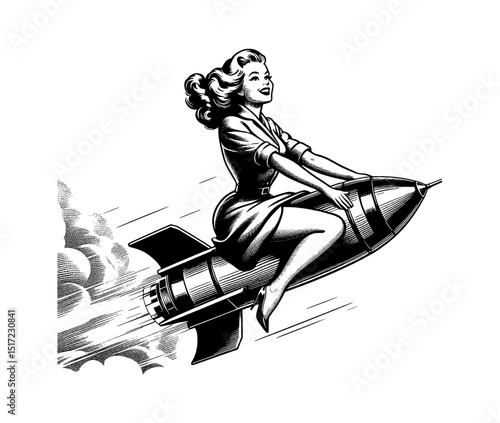 Pinup Woman Riding a Rocket with a Smiling Face in Detailed Black and White Engraving Style