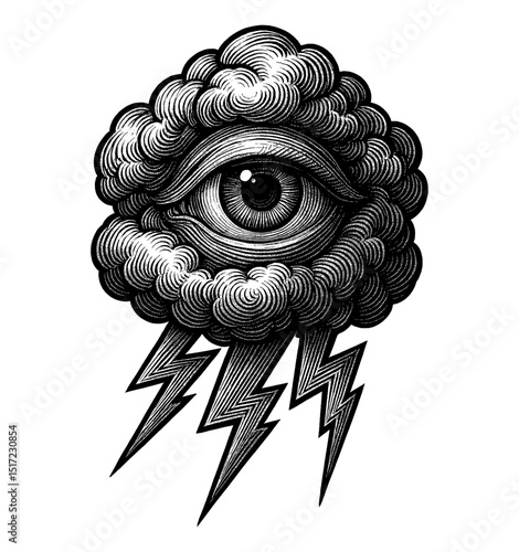 Engraved Eye in Cloud with Lightning Bolts, Black and White Detailed Line Art, Weather Concept
