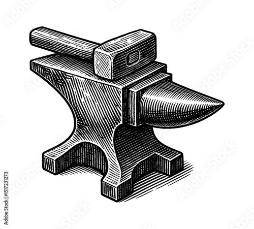 Anvil and Hammer Engraved Illustration in Detailed Black and White Style Isolated on White