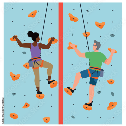 Indoor rock climbing wall with two diverse climbers using harnesses and ropes 
