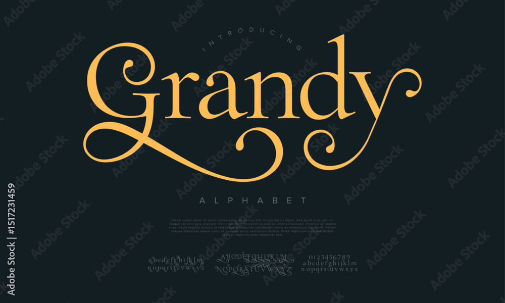 Classic serif font with luxurious swashes and refined details, perfect for elegant headlines and stylish branding Classic serif font with luxurious swashes and refined details, perfect for elegant headlines and stylish branding