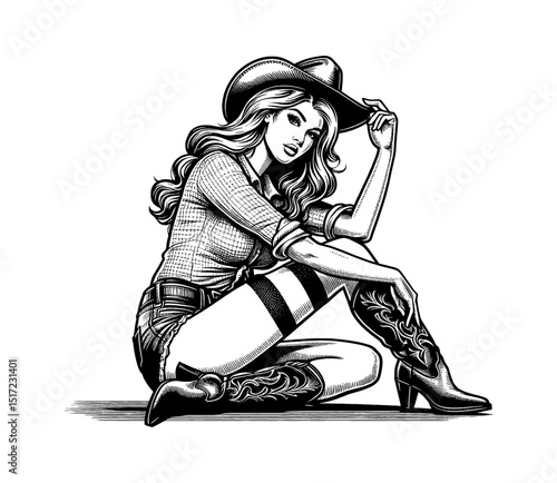 Attractive Caucasian Cowgirl Posing in Hat, Shirt, Shorts and Boots Sitting in Detailed Engraving