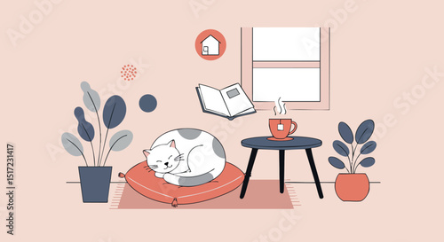 Cozy cat sleeping on pillow in minimalist room with plants and coffee cup vector 