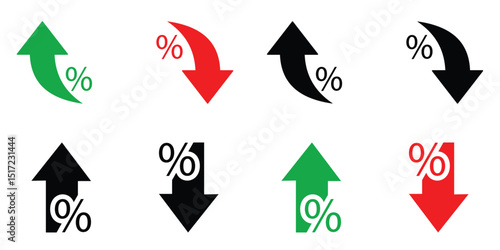 Percent Arrow Icons Set – Up and Down Growth Symbols for Financial and Business Data in Vector Style