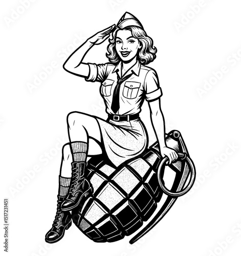 Pinup Woman Sitting on Grenade Saluting in Military Uniform Vintage Black and White Illustration