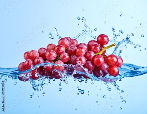 신선한 포도가 맑은 물에 튀어 오르며 물방울과 함께 퍼지는 장면 Scene of fresh grapes splashing into clear water and spreading with water droplets