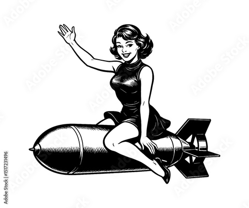 Pinup Woman in Black Dress Sitting on Bomb Waving Hand in Black and White Vintage Illustration