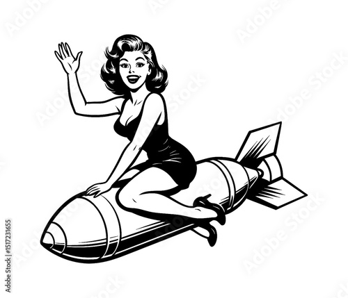 Pinup Girl Waving While Riding a Bomb with Black and White Pop Art Style Illustration