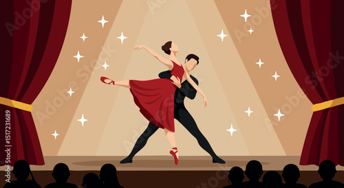 Ballet dancers performing on stage with red curtains and spotlight vector illustration 