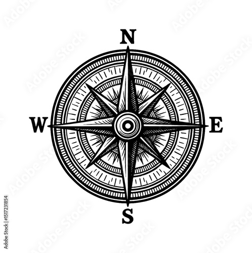 Detailed Black and White Compass Rose with North South East West Navigation