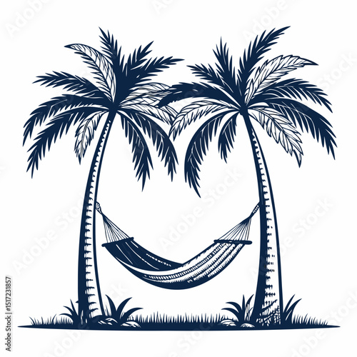 Create a bold, vector illustration of a relaxing hammock between two trees.  Focus on thick, clean lines and strong shapes.
