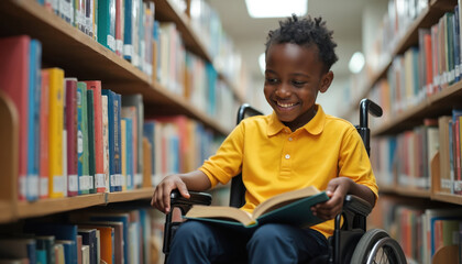 Happy young mixed race schoolboy in wheelchair reads book in library. Smiling African American child studies, learns. Inclusive education for special needs students. Diversity in learning environment.