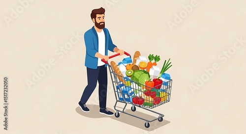 Man Pushing Grocery Cart Filled with Food and Household Items