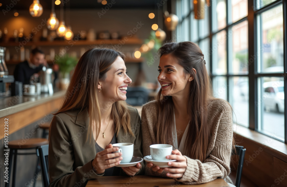 Two female friends chat, drink coffee in cozy cafe. Young women enjoy hot beverage, have fun at weekend meeting in cafeteria, smiling, laughing. Friendship, lifestyle. Two female friends chat, drink coffee in cozy cafe. Young women enjoy hot beverage, have fun at weekend meeting in cafeteria, smiling, laughing. Friendship, lifestyle.