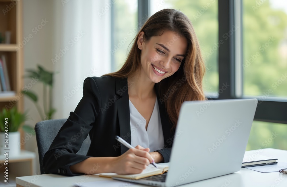Young businesswoman smiling works with laptop, notebook at desk. Professional manager writes, types, looking at screen. Happy female in formal wear, home office. Modern workplace, education business Young businesswoman smiling works with laptop, notebook at desk. Professional manager writes, types, looking at screen. Happy female in formal wear, home office. Modern workplace, education business