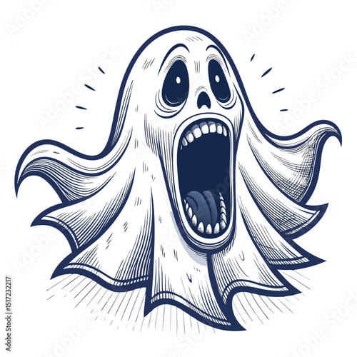 Create a vector illustration of a bold, scary ghost with wide eyes and jagged edges, suitable for Halloween.  Use a thick, black stroke.