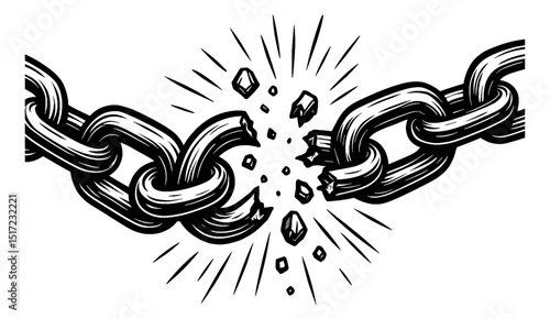 Broken Chain Vector Illustration in Black and White, Symbolizing Freedom and Strength