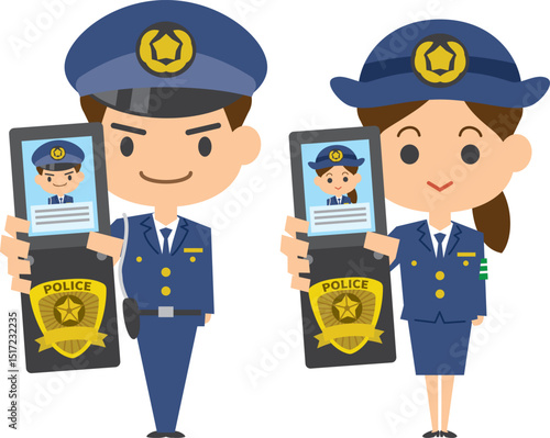 警察手帳を見せる警察官のイメージイラスト（男女セット）