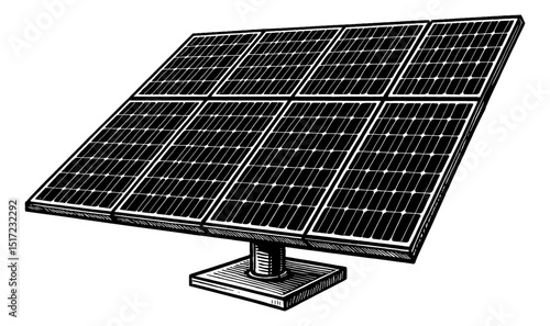 Black and White Line Art Illustration of Solar Panel, Clean Energy Concept
