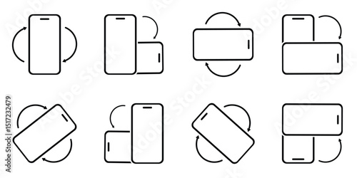 Rotate Mobile Phone Icon Set – Device Rotation and Screen Turn Symbols Collection in Flat Vector Style