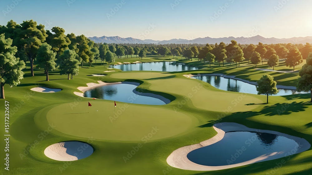 Fototapeta premium Golf course with beautiful views, cartoon 