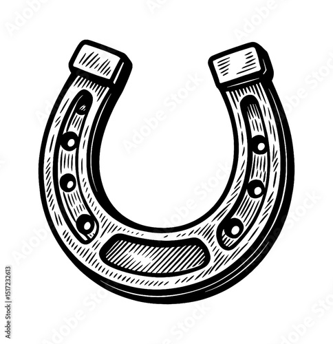 Engraved Horseshoe Illustration Luck Symbol Black and White Vector Graphic Design