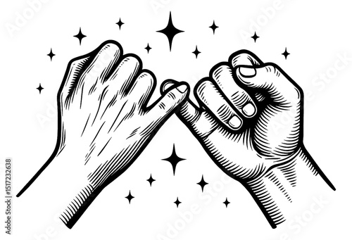 Pinky Promise Hands Gesture Agreement Friendship Trust Black and White Line Art Illustration