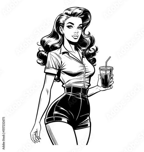 Retro style pinup woman holding soda with straw in black and white line art style