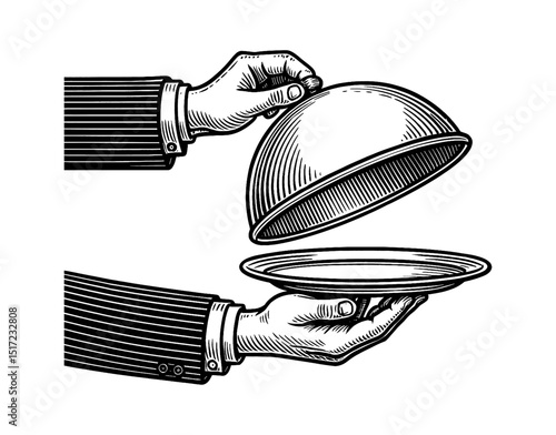 Hand Holding Cloche Lid and Tray, Engraved Vector Illustration Style