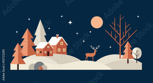 Winter night landscape with deer and snow-covered houses in minimalist style 